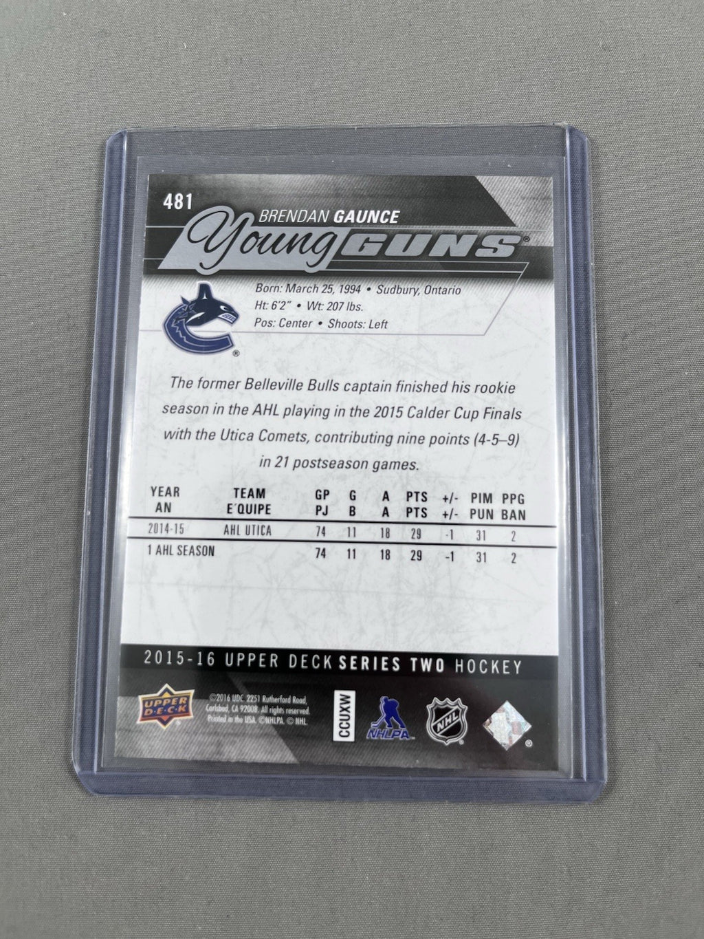 2015-16 Upper Deck Series 2 Hockey BRENDAN GAUNCE #481 YOUNG GUNS ROOKIE