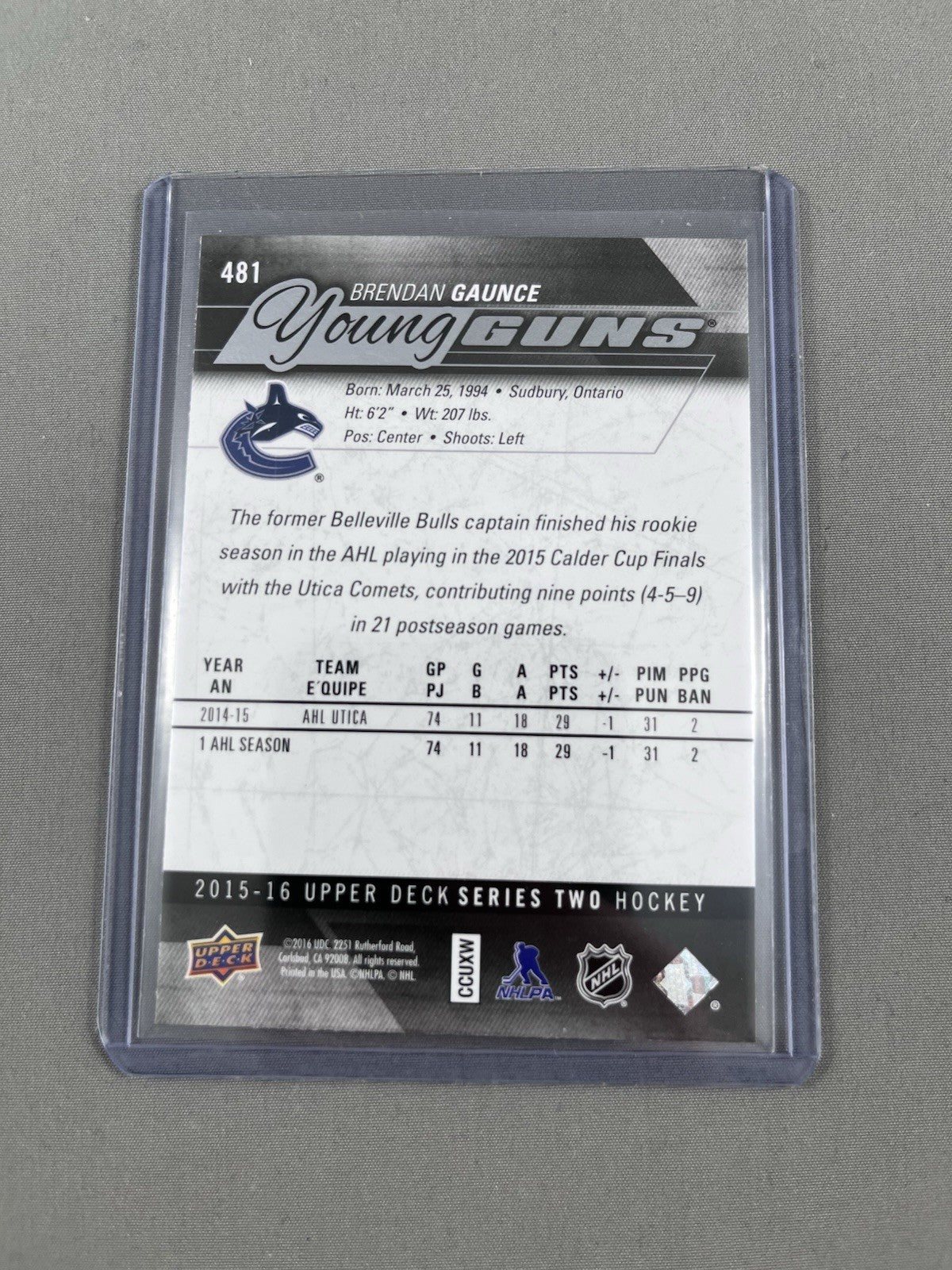 2015-16 Upper Deck Series 2 Hockey BRENDAN GAUNCE #481 YOUNG GUNS ROOKIE