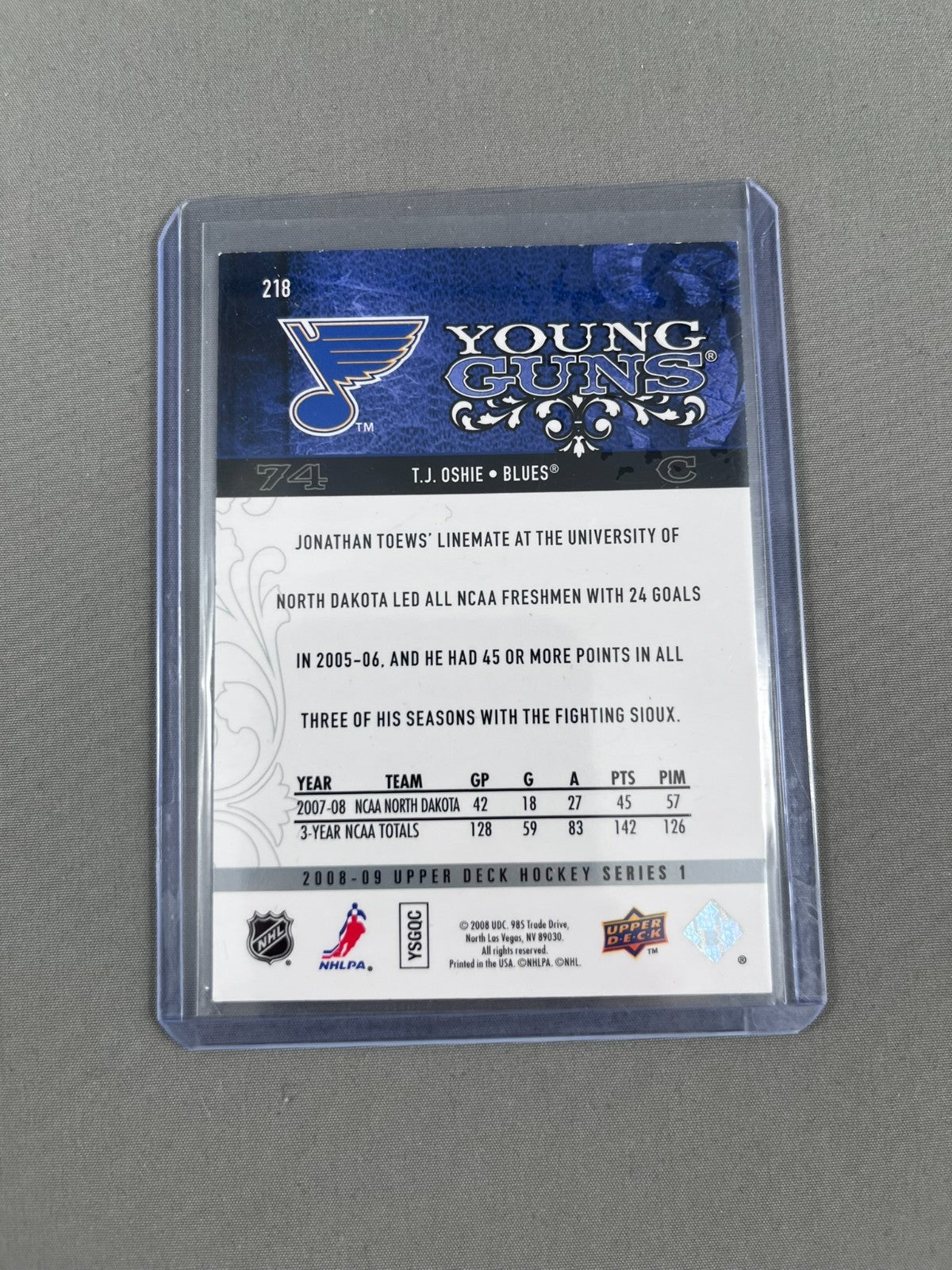 2008-09 Upper Deck Young Guns T.J. Oshie Rookie Card RC #218