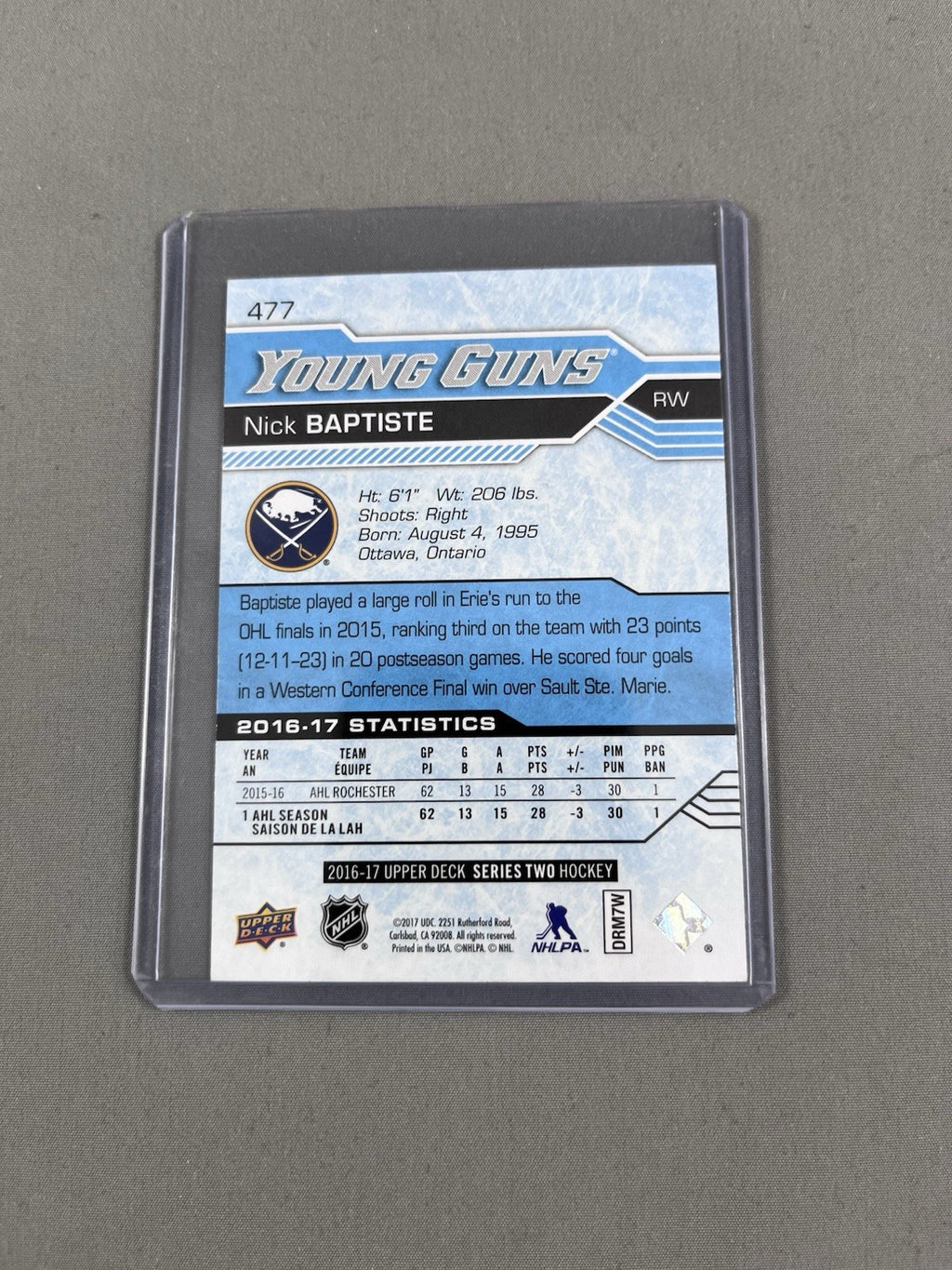 2016-17 Upper Deck Series 2 Young Guns Nick Baptiste YG RC Card# 477