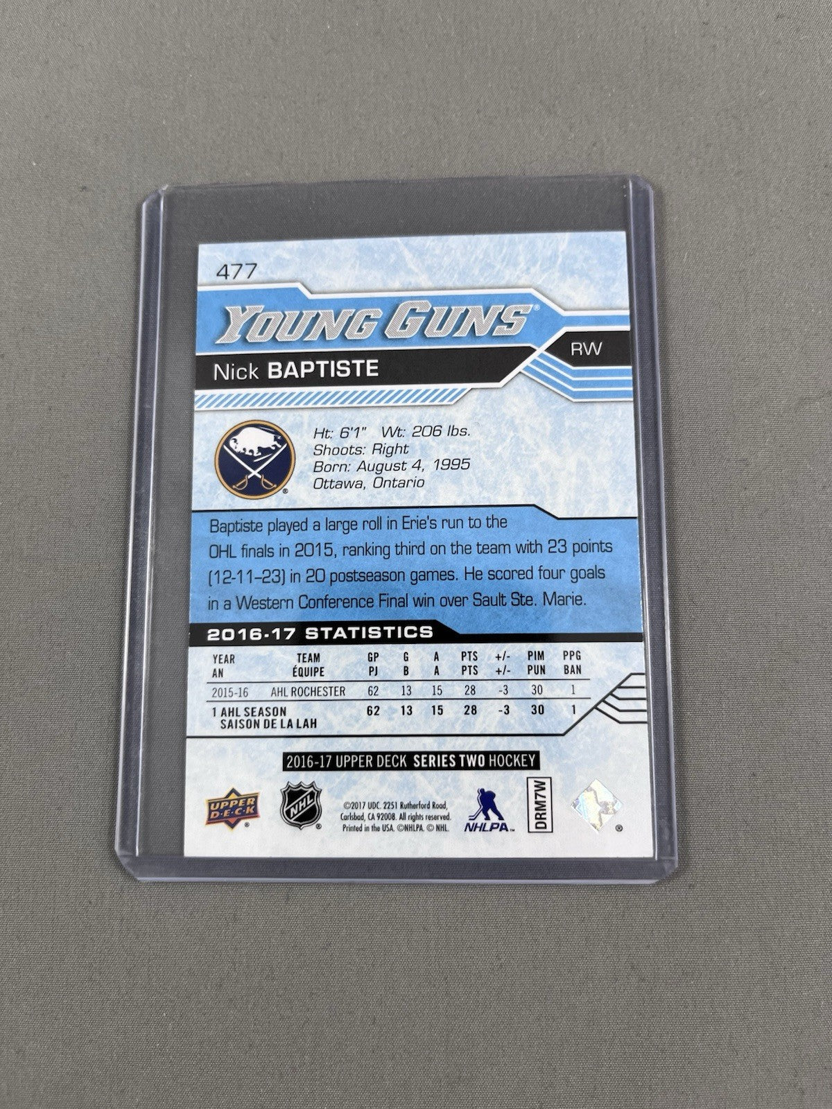 2016-17 Upper Deck Series 2 Young Guns Nick Baptiste YG RC Card# 477