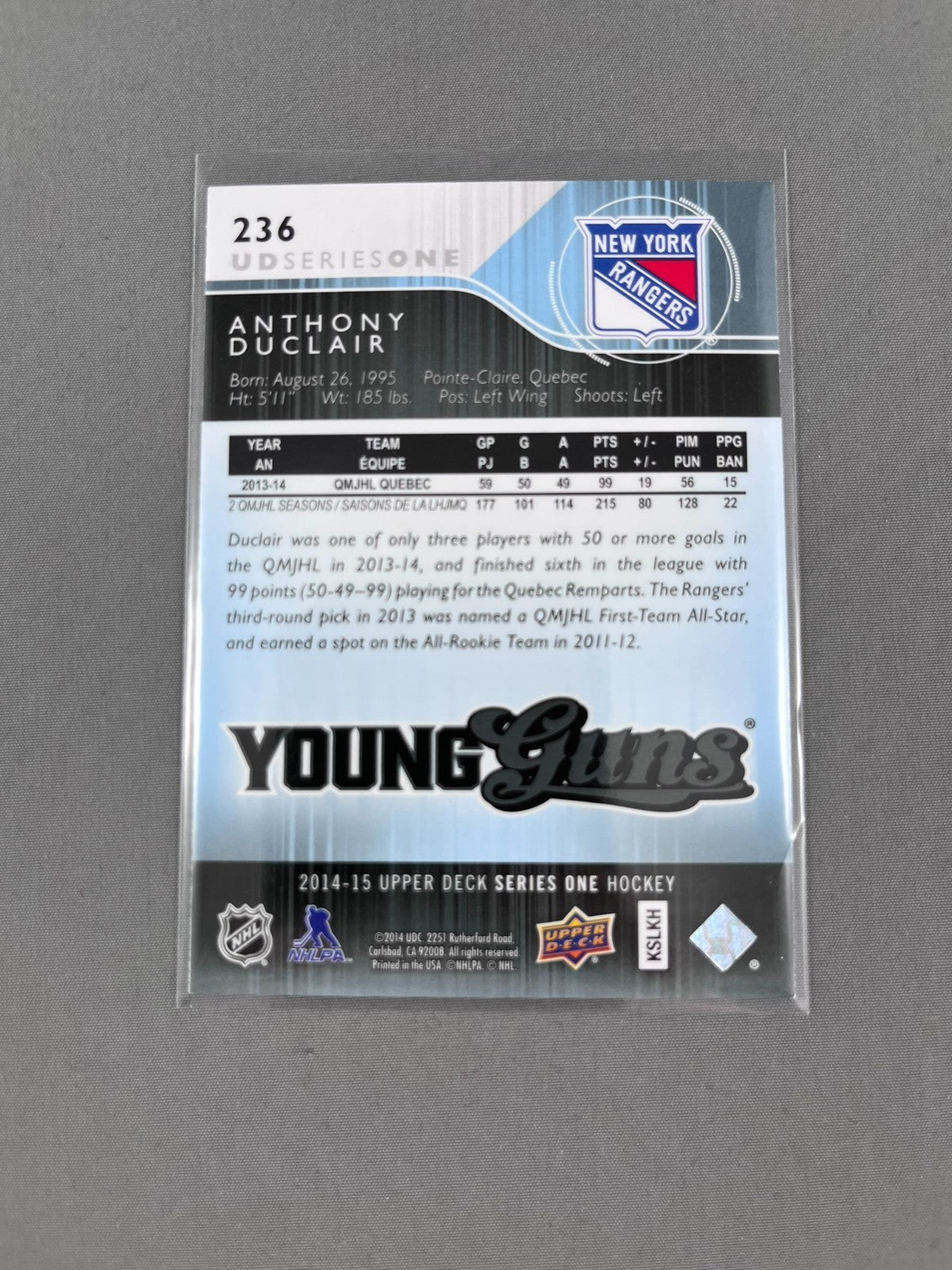 2014-15 Upper Deck Series 1 Young Guns #236 Anthony Duclair New York Rangers RC
