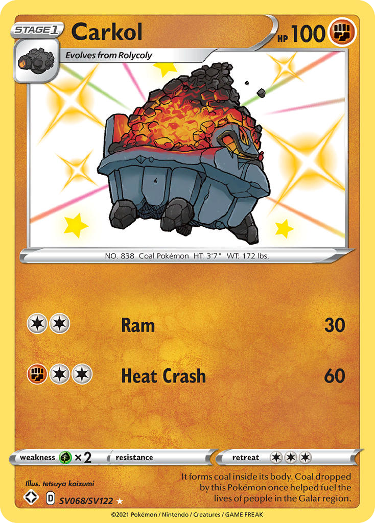 Pokémon TCG - Carkol Shiny - SV068/SV122 - Shining Fates Shiny Vault - Holo Rare - NM